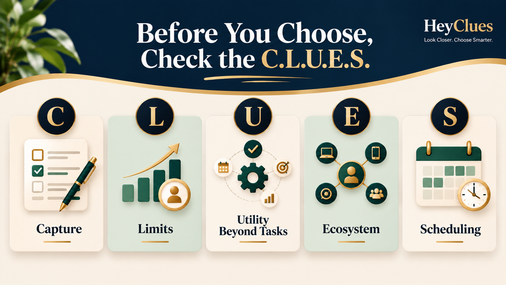 HeyClues C.L.U.E.S. framework for Todoist vs TickTick comparing Capture, Limits, Utility Beyond Tasks, Ecosystem and Scheduling